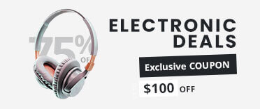 Electronic deals promotion featuring over-ear headphones with an exclusive coupon offering $100 off.