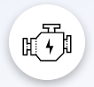 Black and white icon of a car engine with a lightning bolt symbol inside, displayed within a circular button.