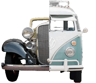 Split image of two classic vehicles combined, with the left half showing a vintage car and the right half showing a Volkswagen camper van.